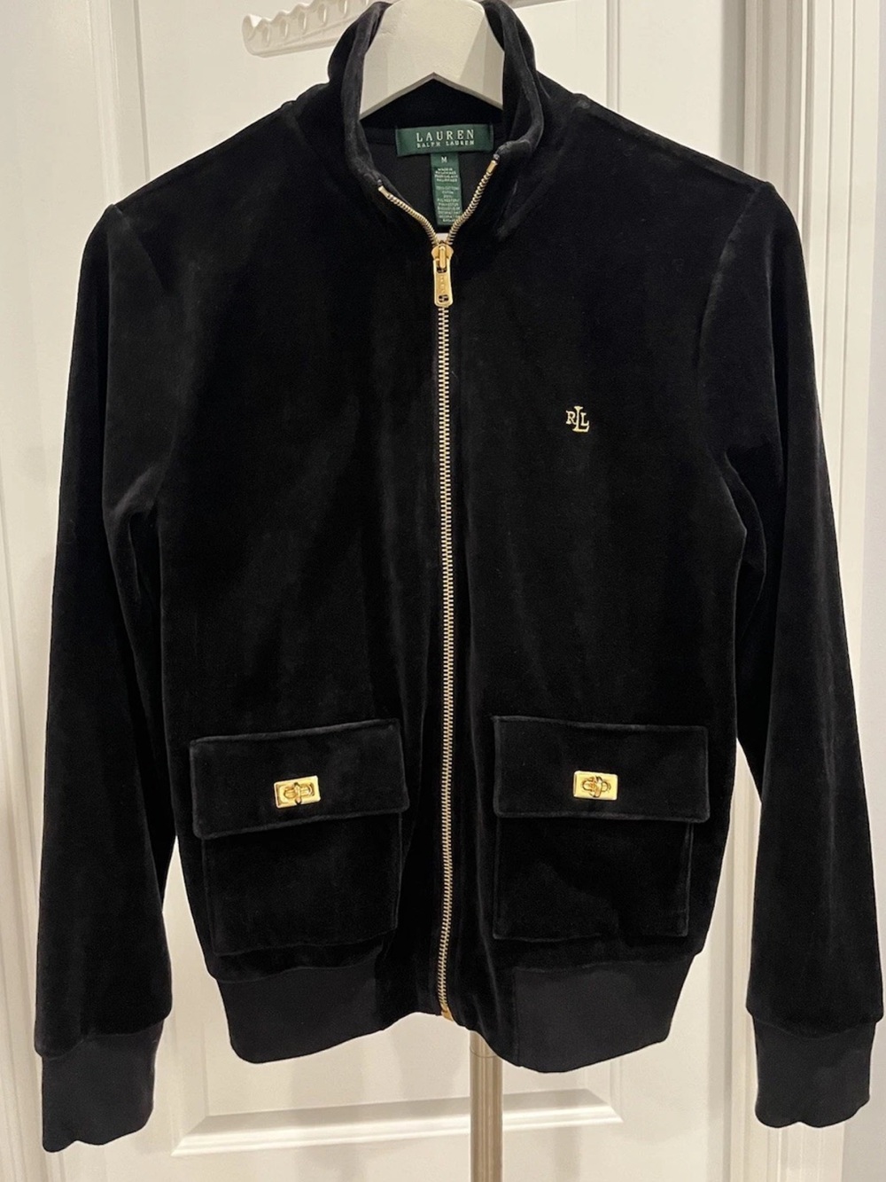 Lauren Ralph Lauren black velour zip jacket quiet luxury gold hardware sz M